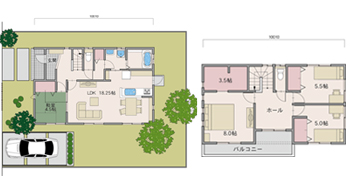 4LDK【34坪】屋根付のバルコニーがある間取りプラン